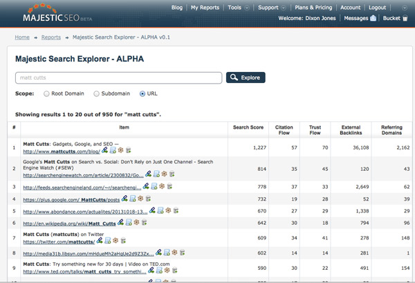 MajesticSEO Search Explorer alpha verze