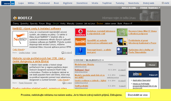 Lišta na root.cz upozorňující na blokování reklamy