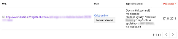 Webmaster tools zapomnění detail
